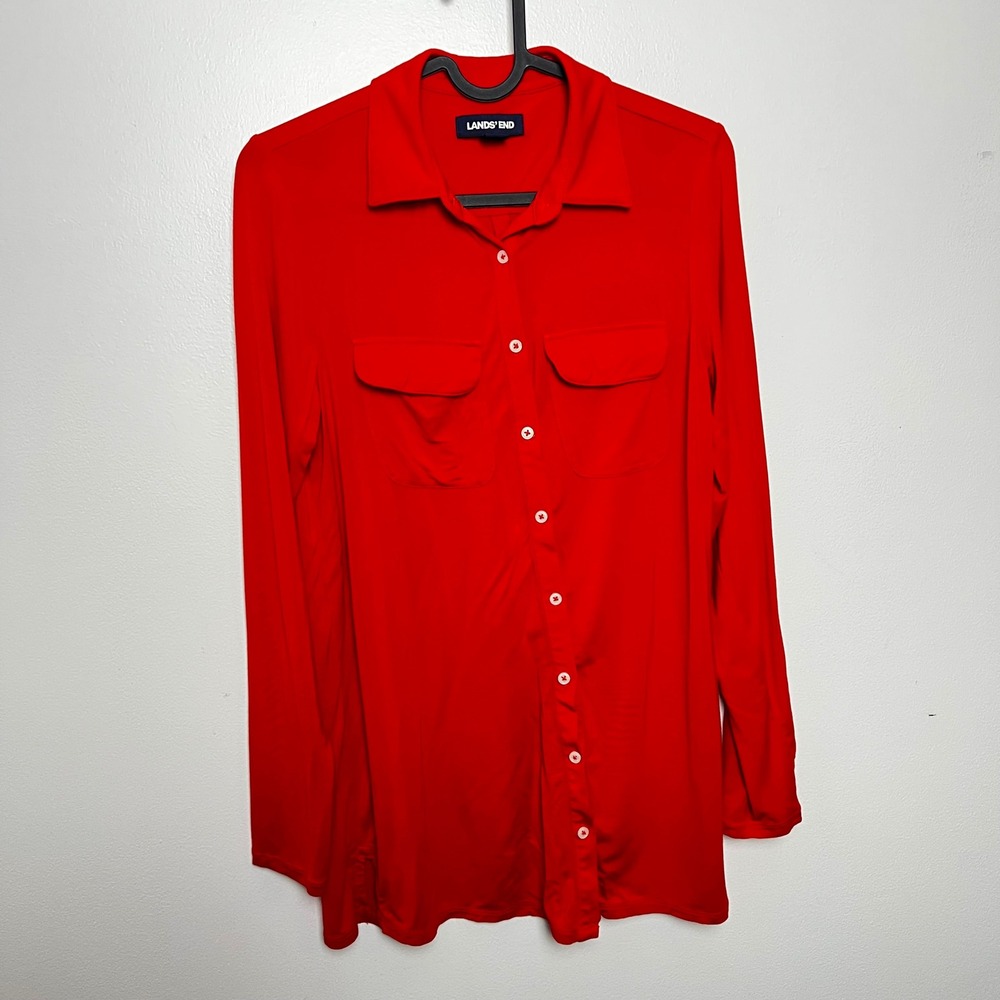 Lands End Womens Red Long Sleeve Button Down Jersey Shirt Tunic Small‎ 6-8